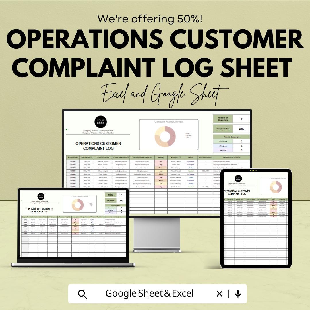 Customer Complaint Log Sheet | Google Sheets & Excel | Operations Tracker | Complaint Management Template | Business Issue Log