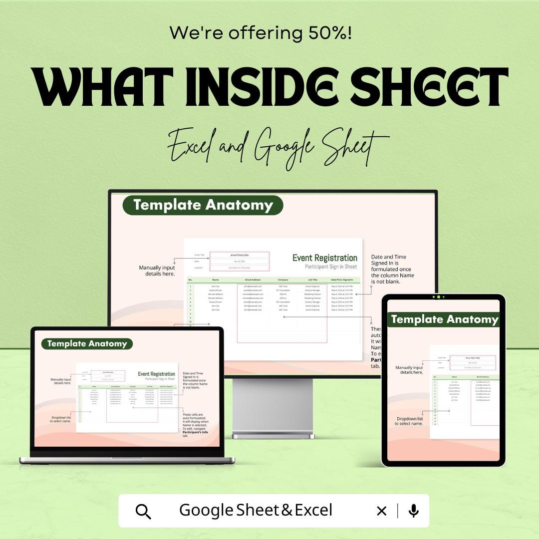 Event Registration Participant Sign-In Sheet | Excel & Google Sheets Template | Event Management Tool | Attendance Tracking |