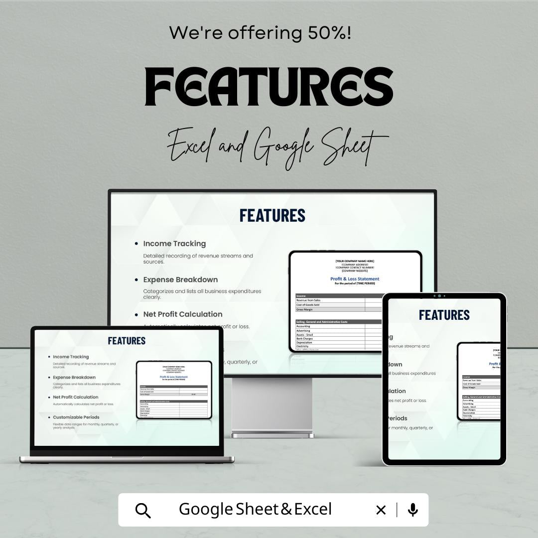 Profit and Loss Statement Sheet | Excel and Google Sheets | Business Finance Tracker | Printable P&L Template | Small Business Accounting
