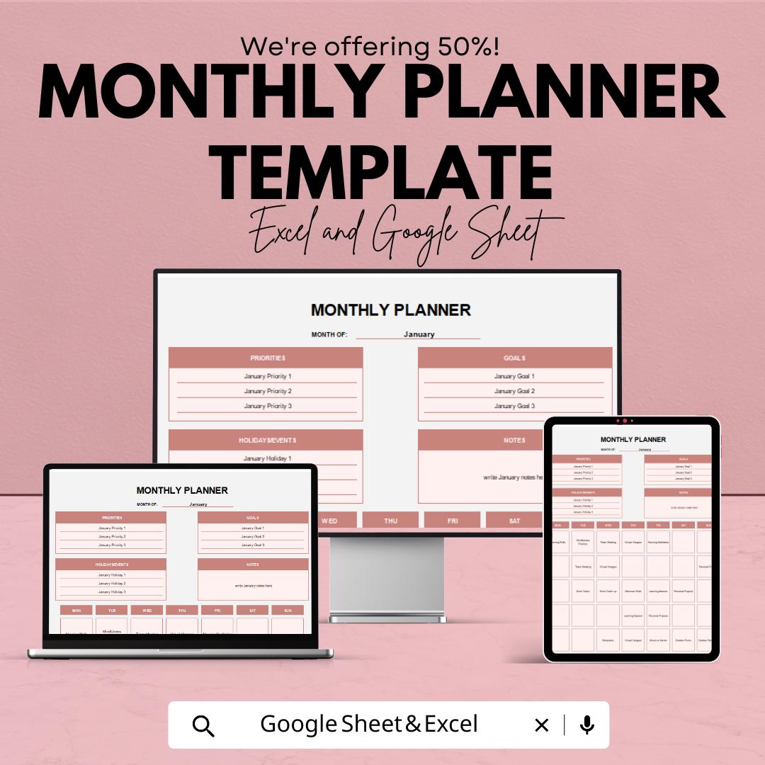 Monthly Planner Template | Editable Excel & Google Sheets Planner | Goal Tracker | Digital Organizer | Productivity and Schedule Template