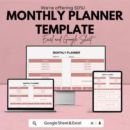 Monthly Planner Template | Editable Excel & Google Sheets Planner | Goal Tracker | Digital Organizer | Productivity and Schedule Template
