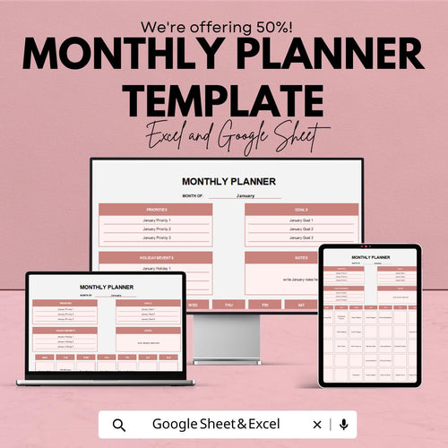 Monthly Planner Template | Editable Excel & Google Sheets Planner | Goal Tracker | Digital Organizer | Productivity and Schedule Template