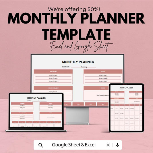 Monthly Planner Template | Editable Excel & Google Sheets Planner | Goal Tracker | Digital Organizer | Productivity and Schedule Template