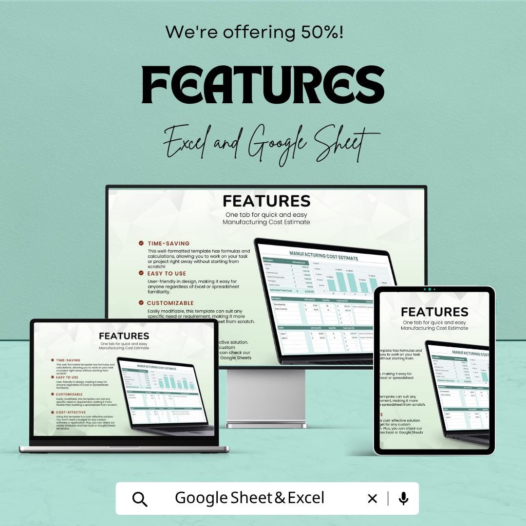 Manufacturing Cost Estimate Template Excel | Production Cost Calculator | Costing Sheet | Product Cost Analysis | Google Sheets Template