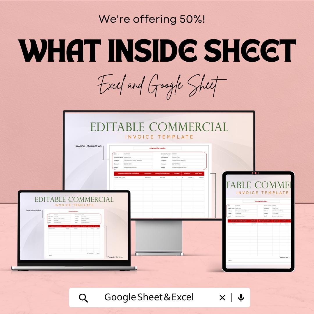 Editable Commercial Invoice Template | Excel & Google Sheets | Customizable Invoice for Business Transactions | Instant Download