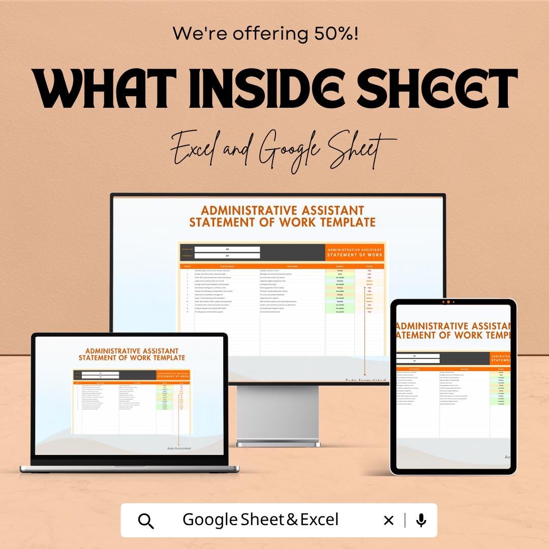Administrative Assistant Statement of Work Template | SOW Template | Task Management Tracker | Admin Workflow Planner
