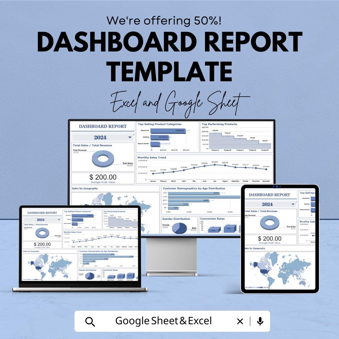 Dashboard Report Template | Excel & Google Sheets | KPI Dashboard | Business Analytics | Sales Report Template | Data Visualization Tool