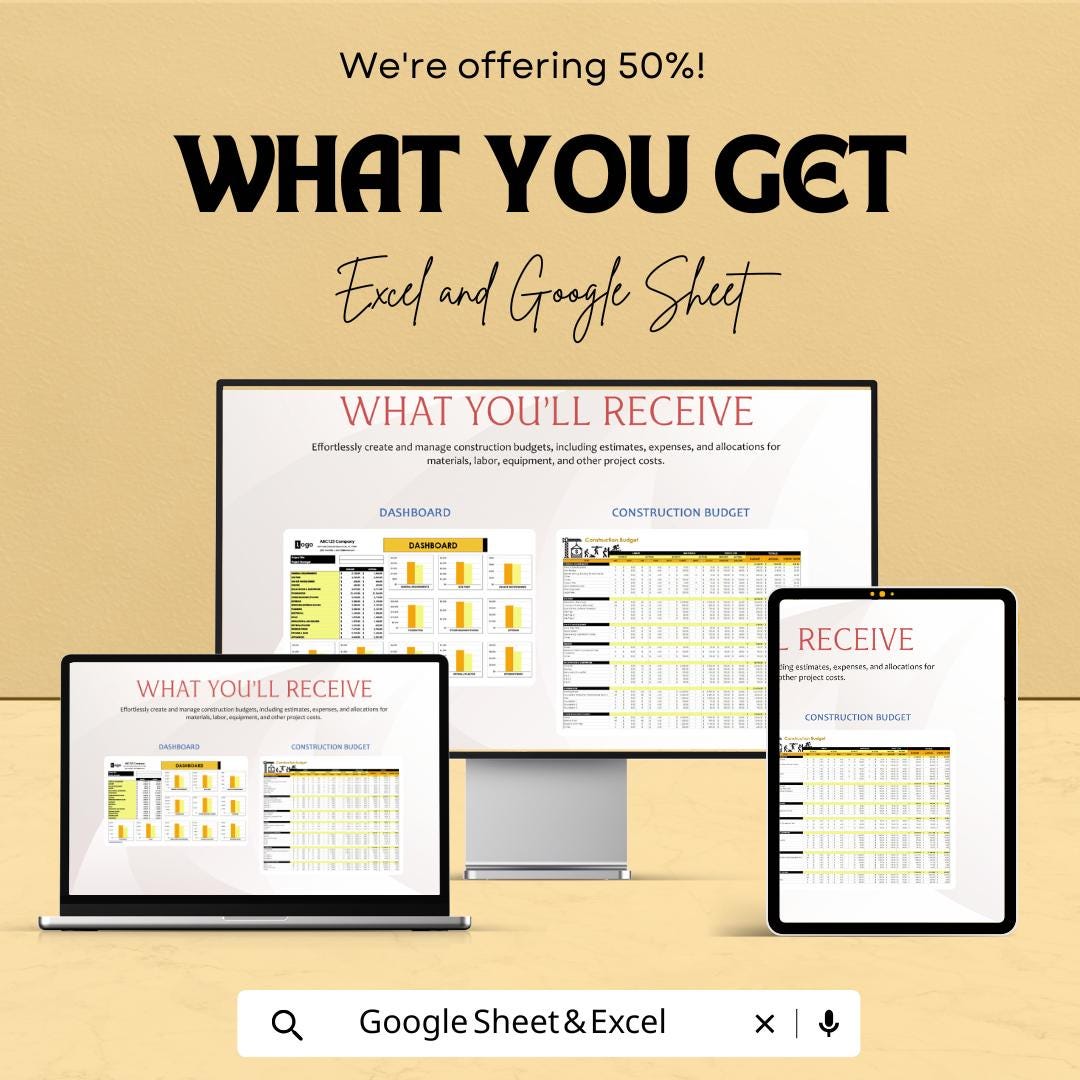 Construction Project Budget Sheet Template | Construction Budget Tracker | Budget Dashboard | Contractor Cost Estimator