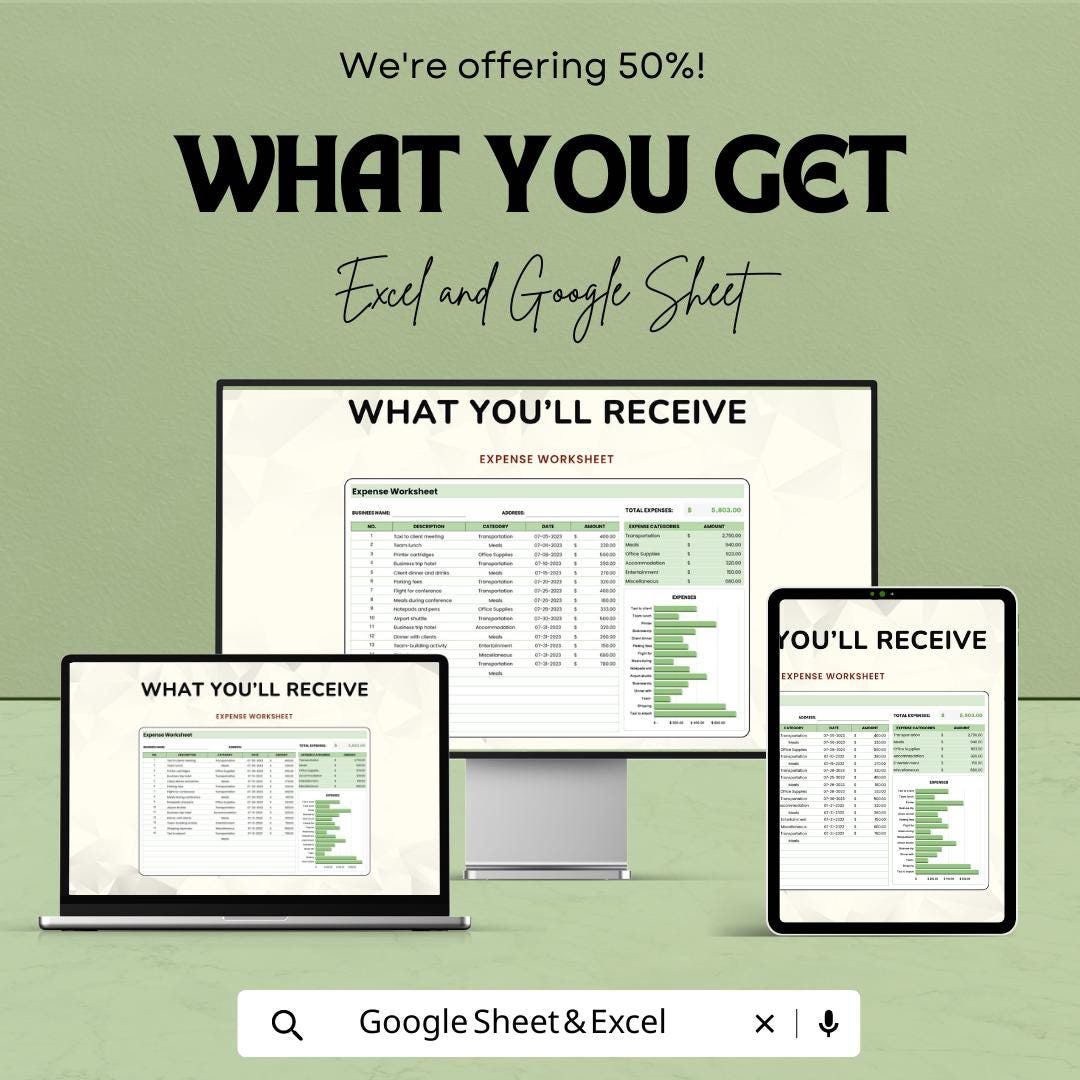 Expense Worksheet Template Excel, Business Expense Tracker, Budget Spreadsheet, Expense Report Sheet, Google Sheets Finance Tracker