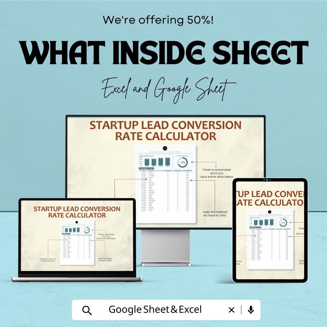 Startup Lead Conversion Rate Calculator Template | Lead Tracking Spreadsheet | Sales Conversion Tracker | Excel & Google Sheets