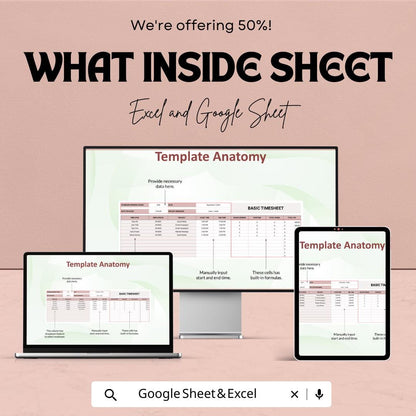 Basic Timesheet Template | Excel and Google Sheets | Employee Work Hours Tracker | Project Task Time Log | Payroll Timesheet Sheet