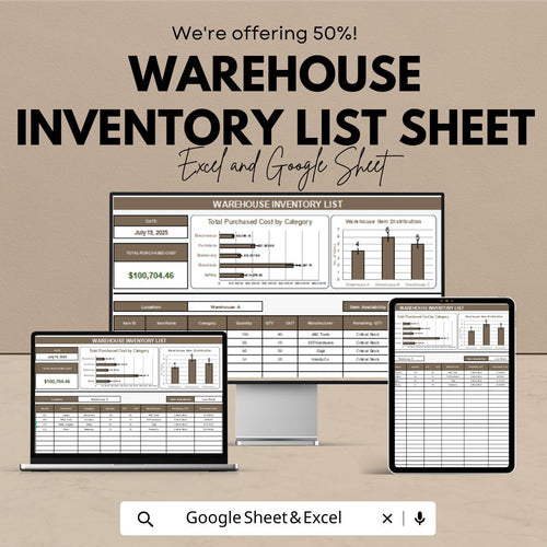 Warehouse Inventory List Sheet | Excel and Google Sheets | Track Stock In/Out | Barcode & Category Based | Inventory Management Template