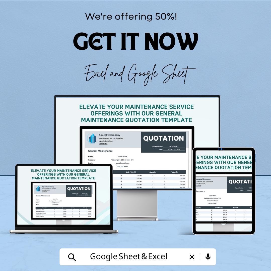 General Maintenance Quotation Sheet | Service Quote Template | Google Sheets & Excel | Editable Pricing Estimate Form