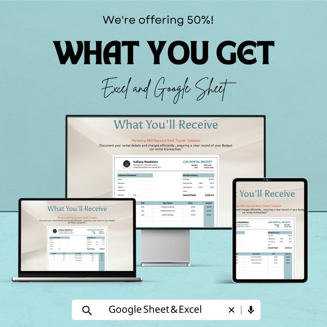 Budget Rental Car Receipt Template | Car Rental Receipt Spreadsheet | Vehicle Rental Invoice Template | Excel & Google Sheets |