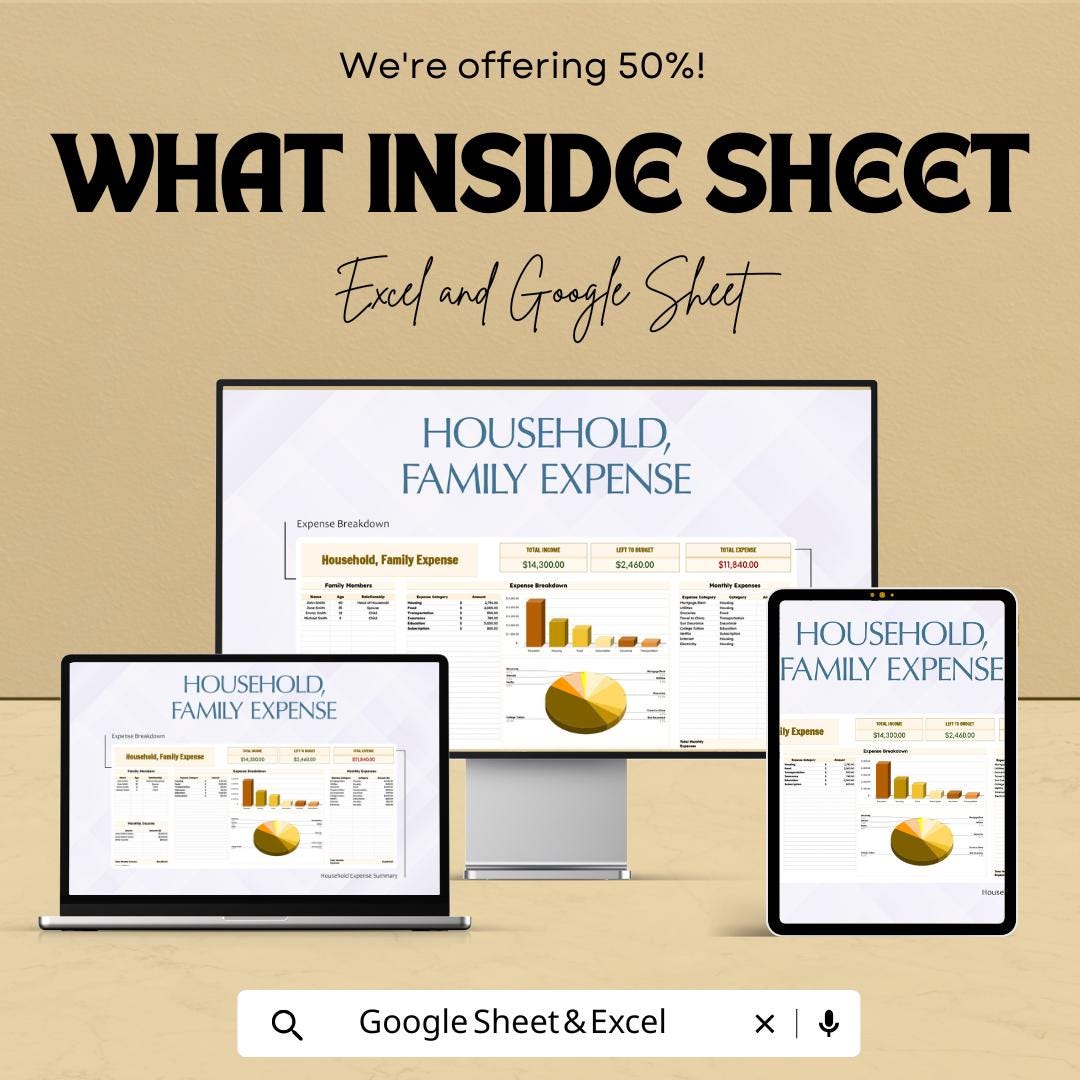 Household, Family Expense Sheet | Budget Tracker for Family Finances | Excel & Google Sheet | Instant Download