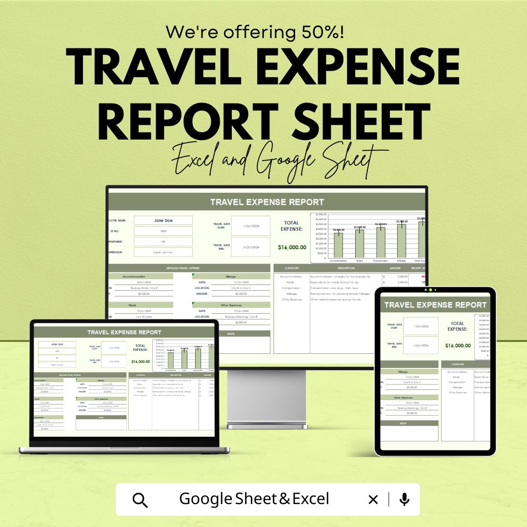 Travel Expense Report Sheet | Excel & Google Sheet | Business Travel Tracker | Expense Management | Travel Budget Template