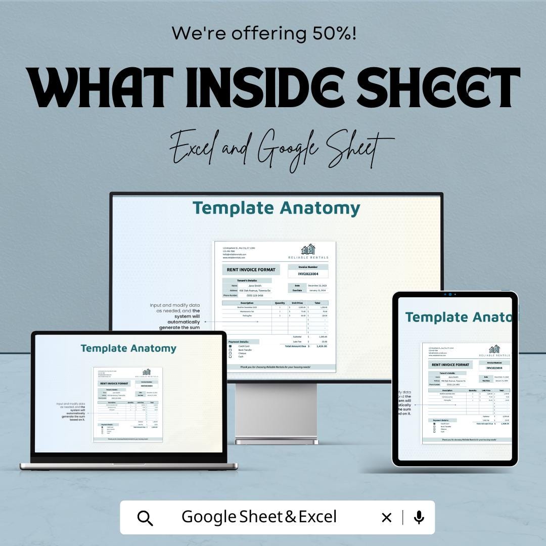 Rent Invoice Format Template | Google Sheet | Tenant Rent Bill | Printable Invoice Sheet | Rental Billing Statement | Instant Download