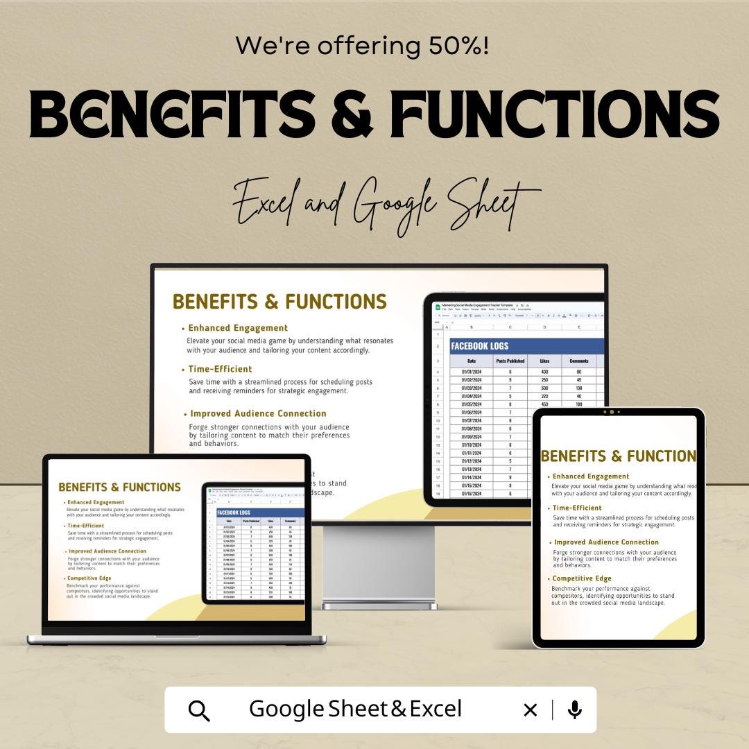 Marketing Social Media Engagement Tracker Template | Social Media Analytics Spreadsheet | Excel & Google Sheet | Engagement Report Dashboard