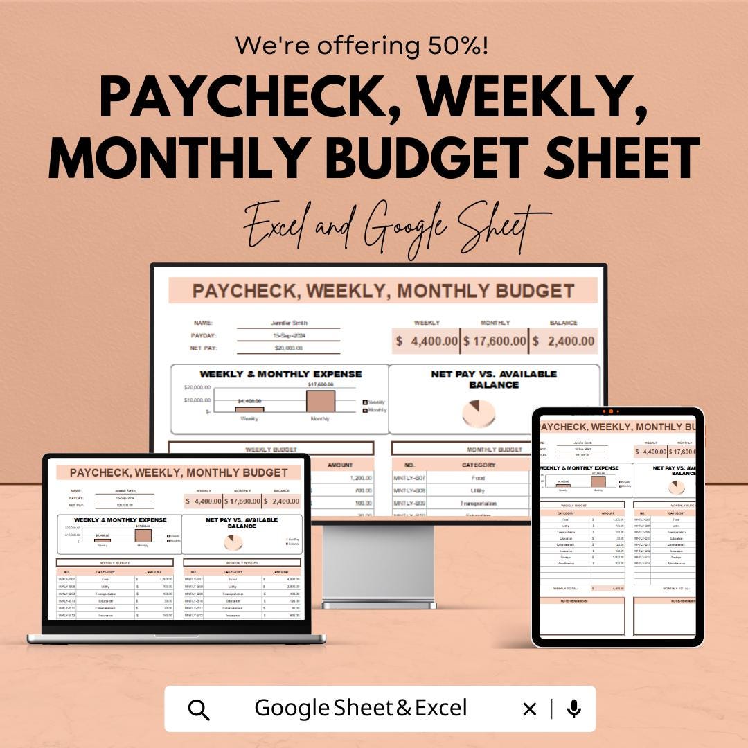 Paycheck, Weekly, Monthly Budget Spreadsheet | Excel and Google Sheets | Personal Finance Tracker | Expense & Income Organizer