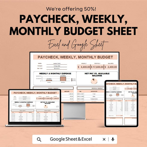 Paycheck, Weekly, Monthly Budget Spreadsheet | Excel and Google Sheets | Personal Finance Tracker | Expense & Income Organizer