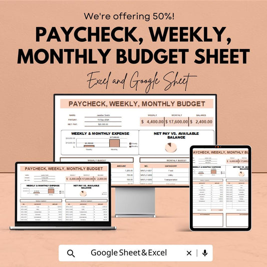 Paycheck, Weekly, Monthly Budget Spreadsheet | Excel and Google Sheets | Personal Finance Tracker | Expense & Income Organizer