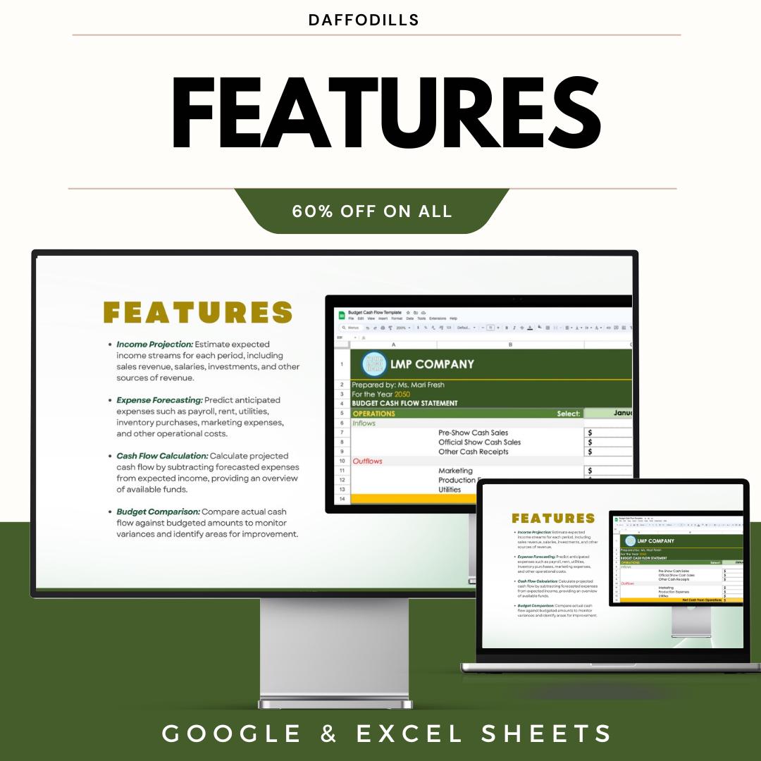 Budget Cash Flow Template, Cash Flow Spreadsheet, Business Cash Flow Planner, Google Sheets Excel
