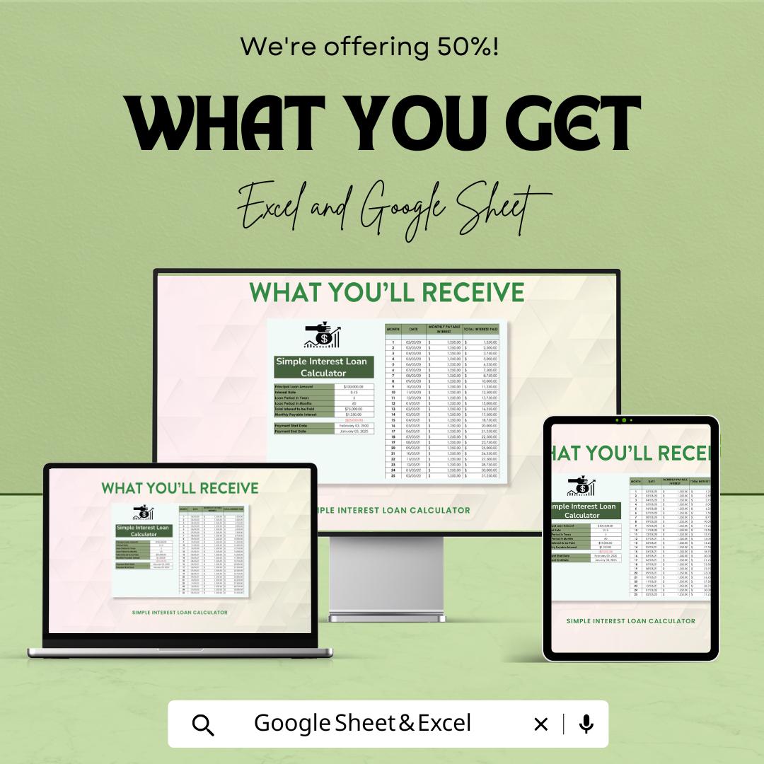 Simple Interest Loan Calculator Sheet | Excel & Google Sheets | Monthly Repayment Tracker | Loan Amortization Template