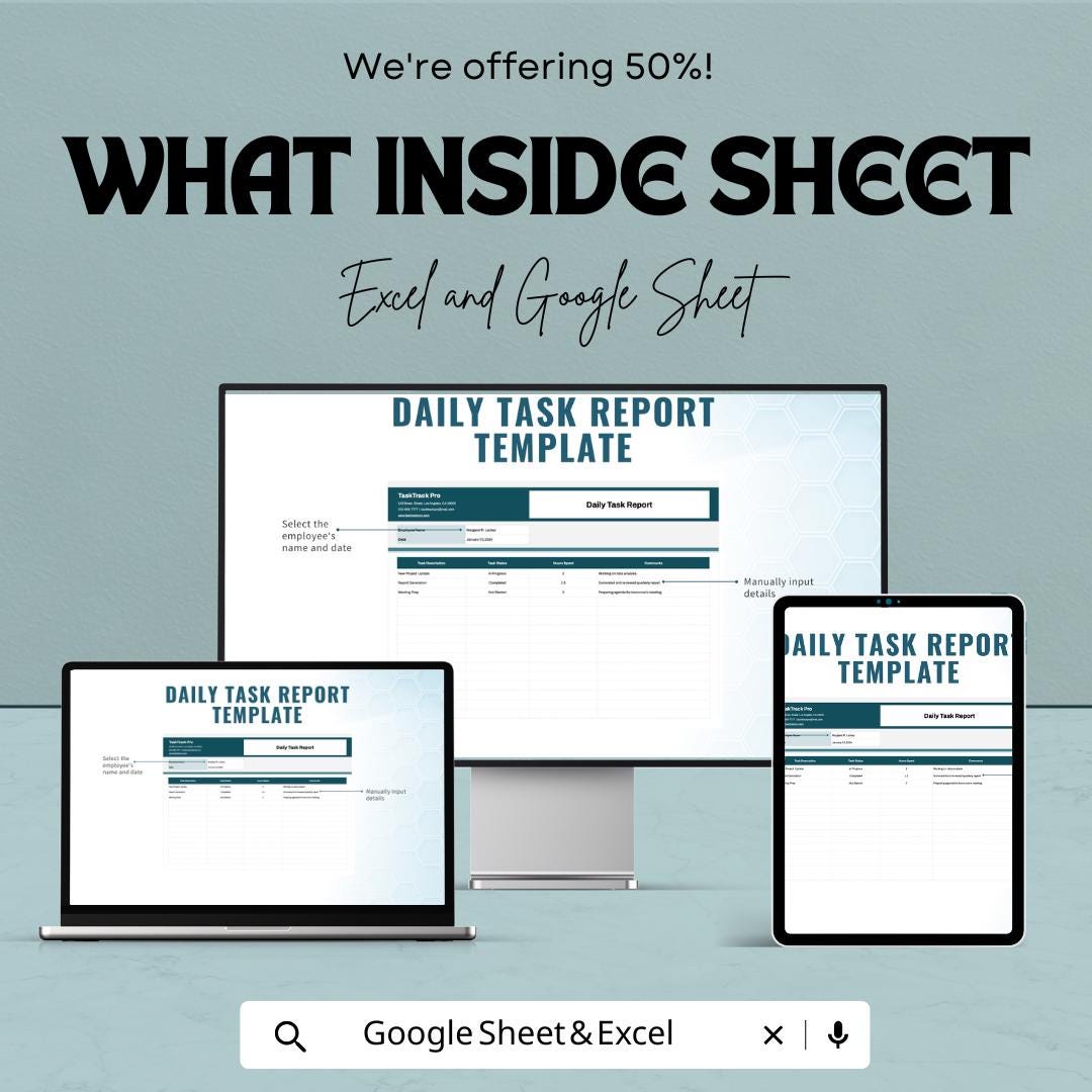 Daily Task Report Sheet for Excel and Google Sheets – 50% Off – Productivity Tracker & Task Management Template