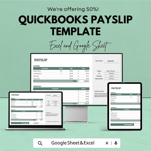 QuickBooks Payslip Template | Payroll Payslip Spreadsheet | Employee Salary Slip Tracker | Excel & Google Sheets | Business Payroll