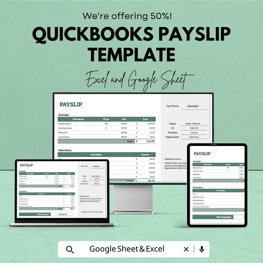 QuickBooks Payslip Template | Payroll Payslip Spreadsheet | Employee Salary Slip Tracker | Excel & Google Sheets | Business Payroll