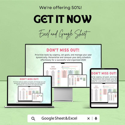 2025 Planner Sheet | Excel & Google Sheet | Task Priority, Monthly Calendar, Goal Management | Digital Download