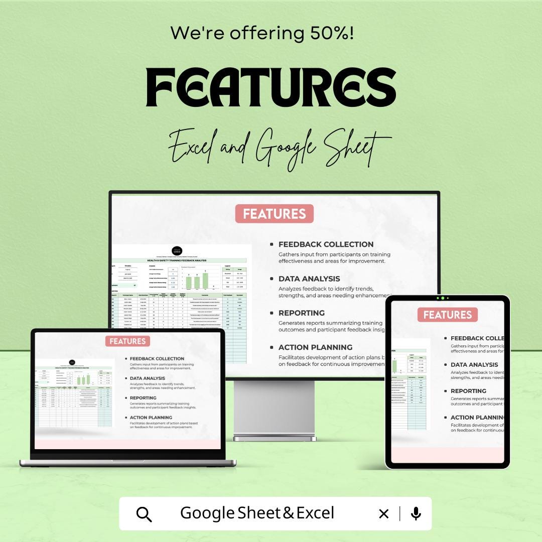 Health & Safety Training Feedback Analysis Template | Excel and Google Sheets | Safety Report | Employee Training Evaluation Tool
