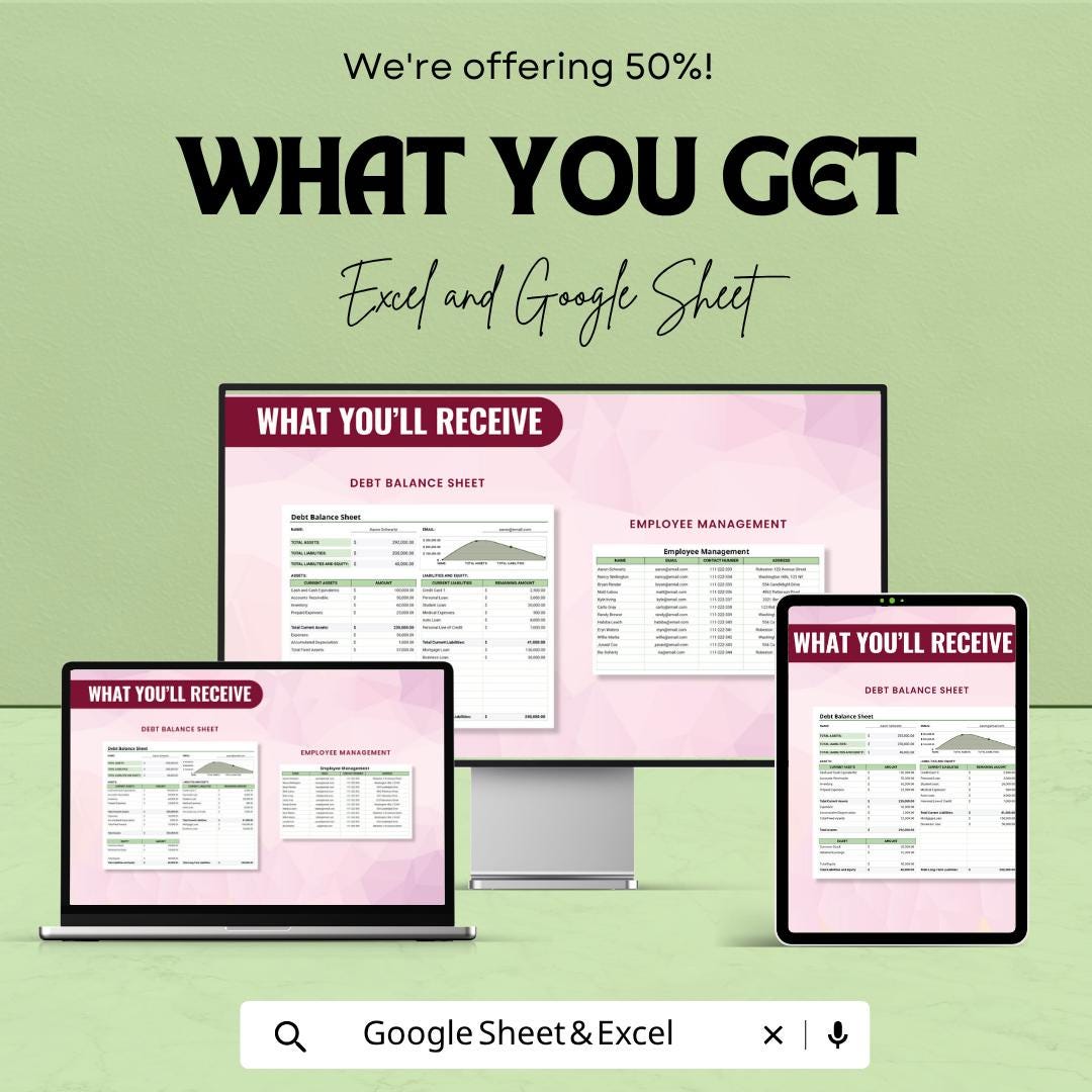 Debt Balance Sheet Template | Personal Finance Spreadsheet | Asset & Liability Tracker | Google Sheets | Financial Statement Planner