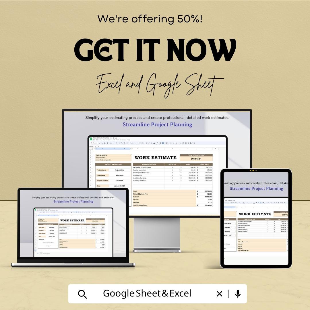 Work Estimate Template Excel Google Sheets | Construction Estimate Template | Job Costing Spreadsheet | Editable Business Estimate Invoice