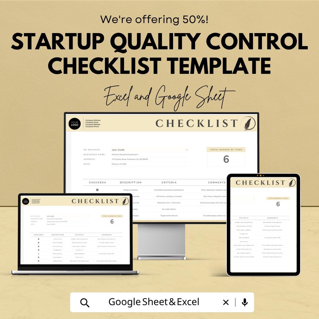Quality Control Checklist Template | Startup QA Checklist | Inspection Checklist Spreadsheet | Quality Assurance Tracker