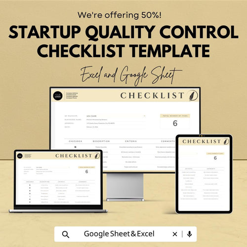 Quality Control Checklist Template | Startup QA Checklist | Inspection Checklist Spreadsheet | Quality Assurance Tracker