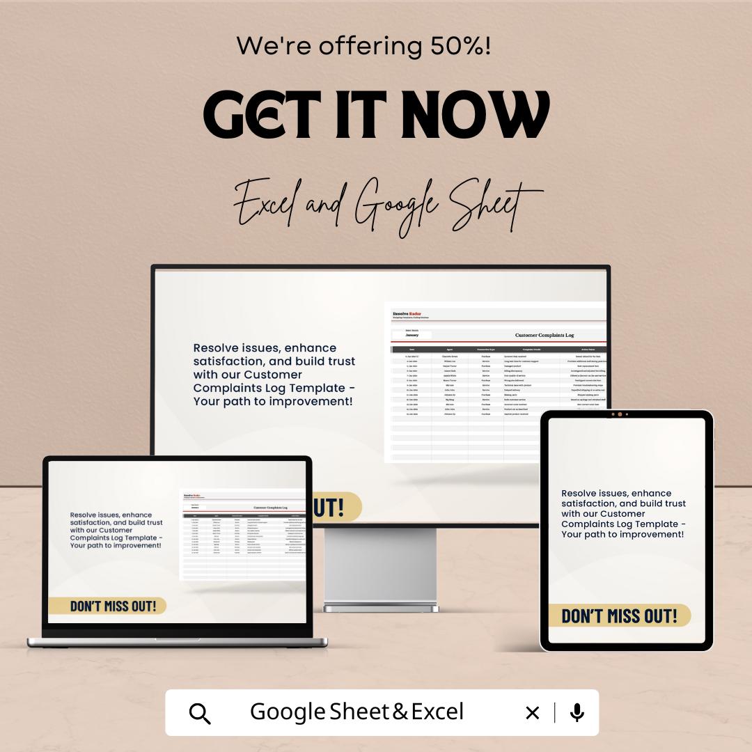 50% Off | Customer Complaints Log Sheet Template for Excel & Google Sheets | Track Complaints and Enhance Customer Satisfaction