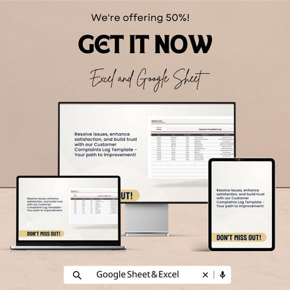 50% Off | Customer Complaints Log Sheet Template for Excel & Google Sheets | Track Complaints and Enhance Customer Satisfaction