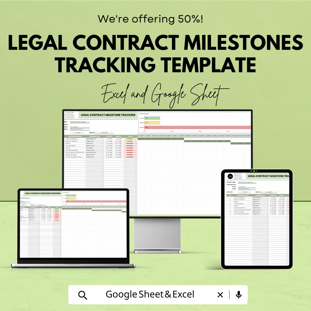 Legal Contract Milestones Tracking Template | Contract Timeline and Deadline Tracker | Excel & Google Sheets