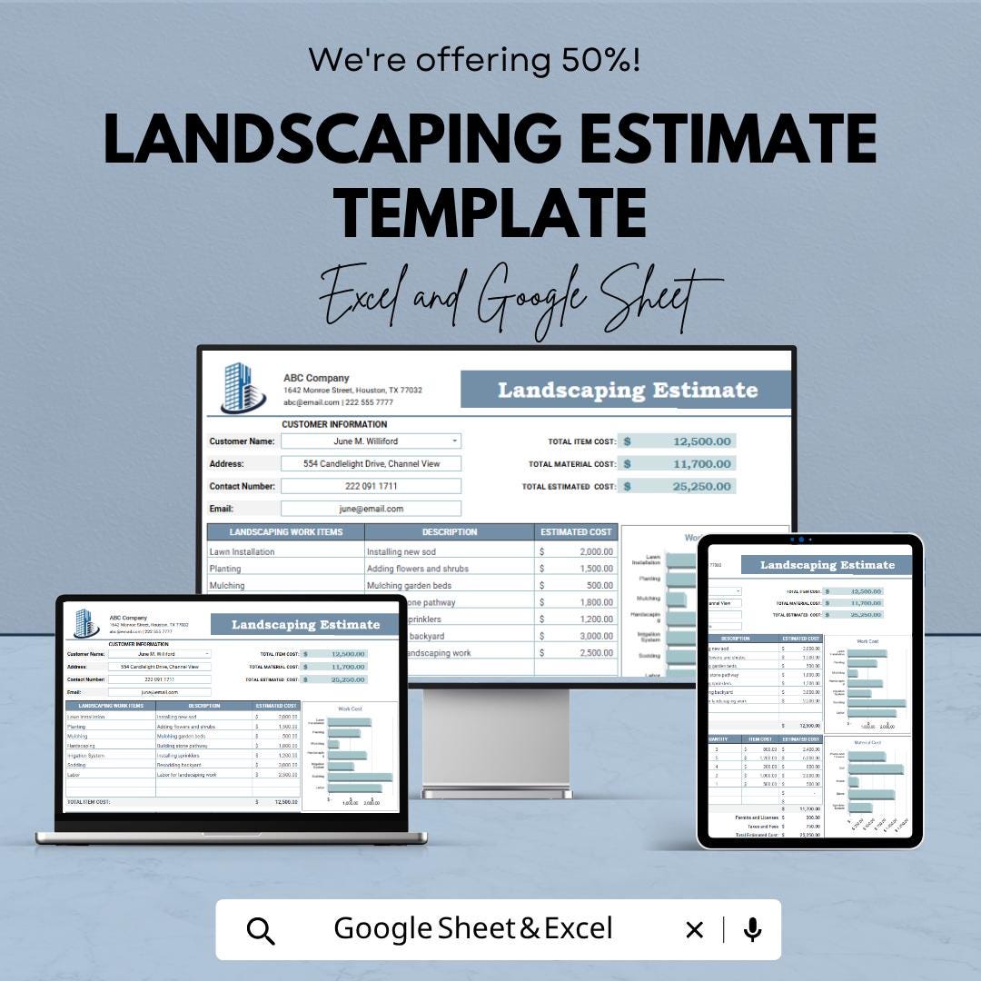 Landscaping Estimate Template | Landscaping Contractor Spreadsheet | Lawn Care Bid Proposal Template | Job Cost Estimate Sheet