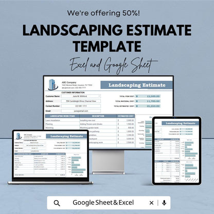 Landscaping Estimate Template | Landscaping Contractor Spreadsheet | Lawn Care Bid Proposal Template | Job Cost Estimate Sheet