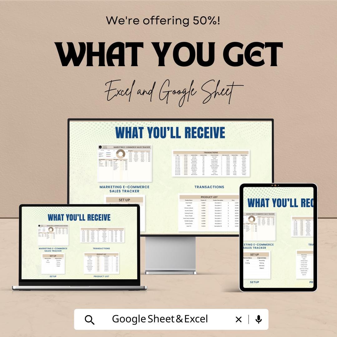 Marketing E-Commerce Sales Tracker Sheet | Excel and Google Sheets Template | Business Order & Revenue Dashboard