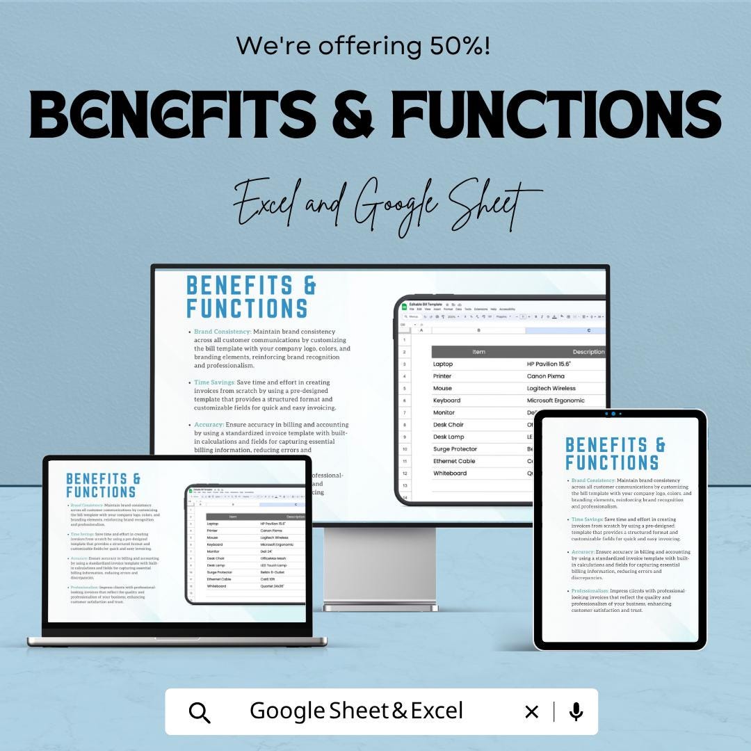 Editable Bill Template | Professional Invoice Spreadsheet | Custom Billing Template | Excel & Google Sheets | Business Invoice Generator |