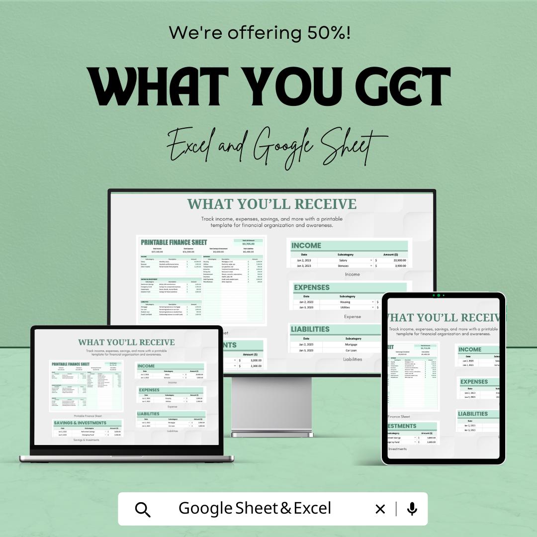Printable Finance Sheet Template | Income and Expense Tracker | Budget Planner | Savings & Expense Log | Financial Planning Sheet
