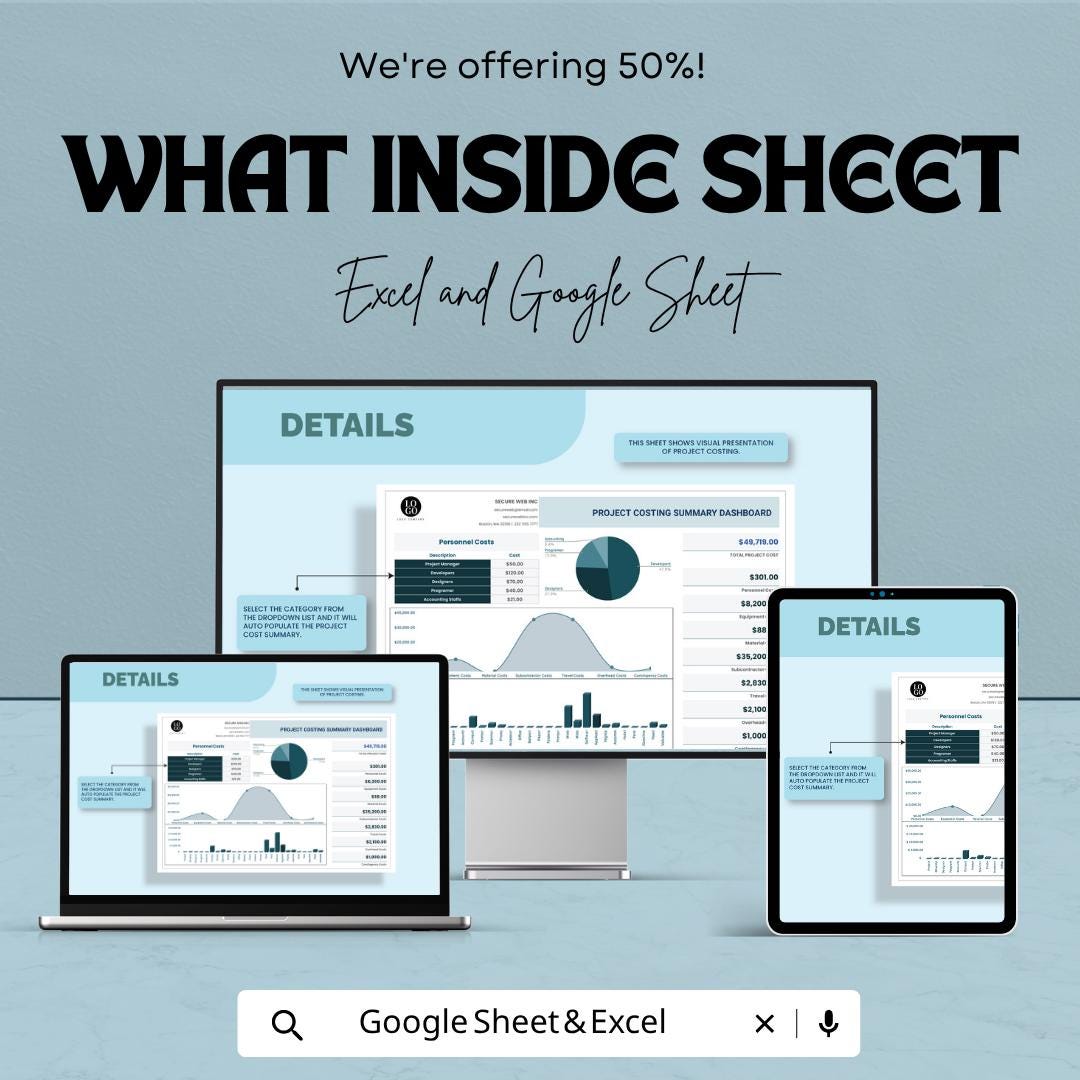 Project Costing Template | Project Budget Spreadsheet | Cost Estimation Tracker | Excel & Google Sheets | Business Expense Planning Sheet