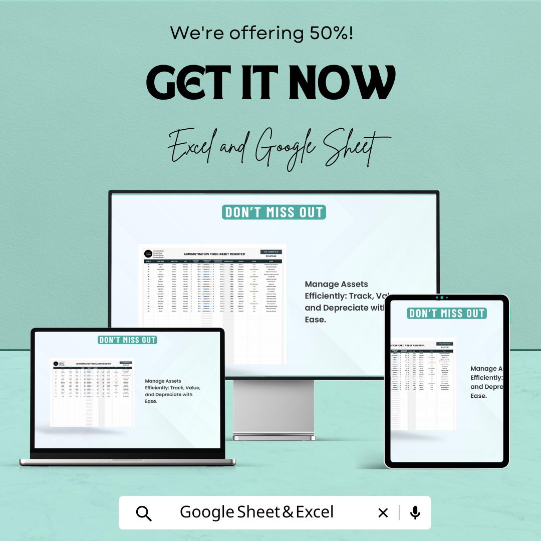Administration Fixed Asset Register Template | Asset Tracking Spreadsheet | Depreciation Tracker | Business Asset Log