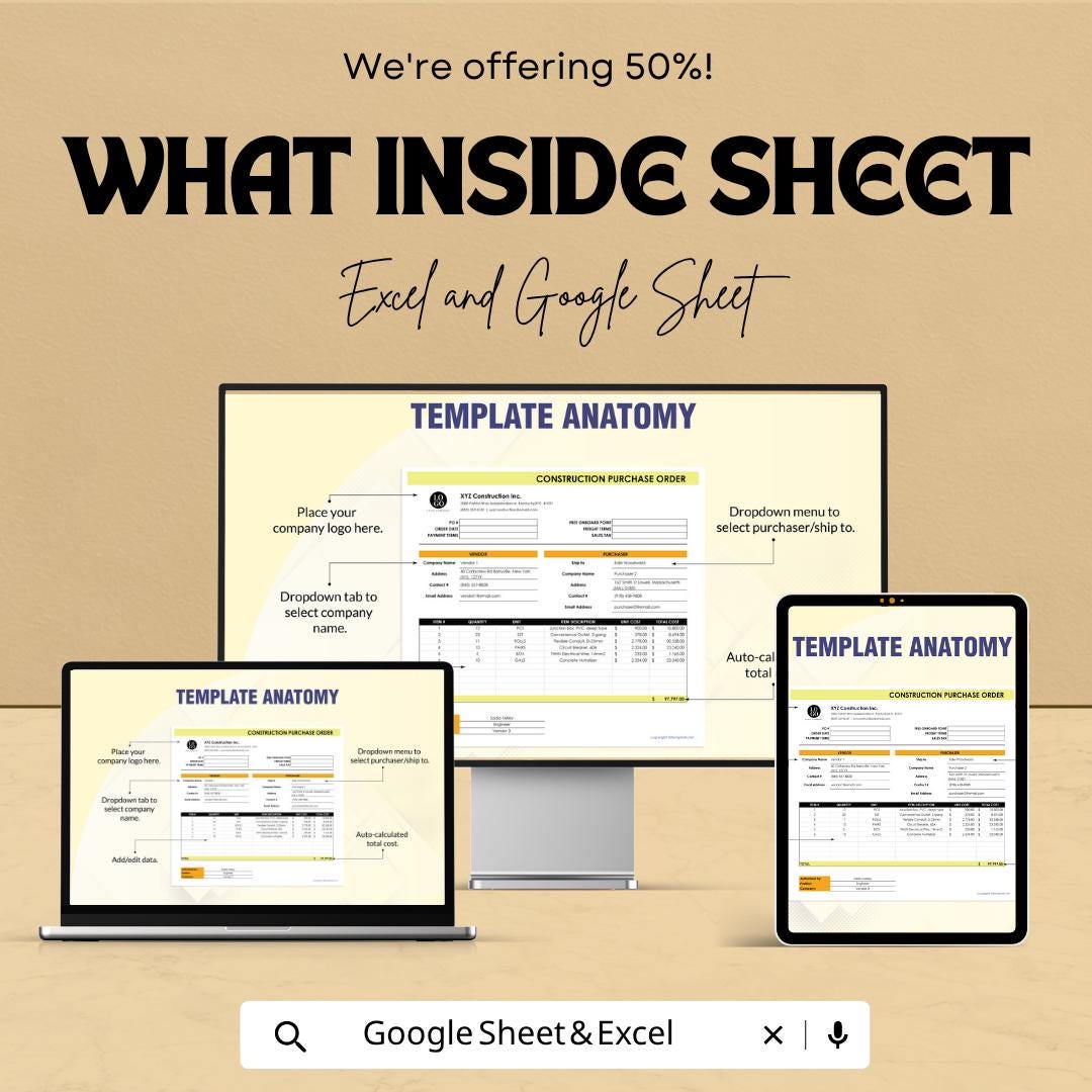 Construction Purchase Order Template Excel Google Sheets | Procurement Spreadsheet | Vendor Order Form | Contractor Purchase Tracker |