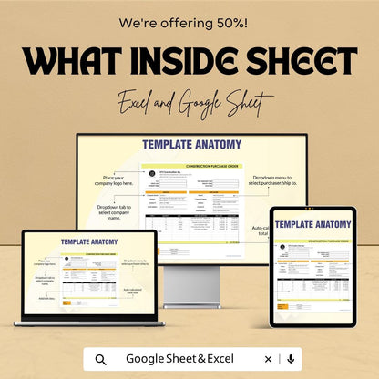 Construction Purchase Order Template Excel Google Sheets | Procurement Spreadsheet | Vendor Order Form | Contractor Purchase Tracker |
