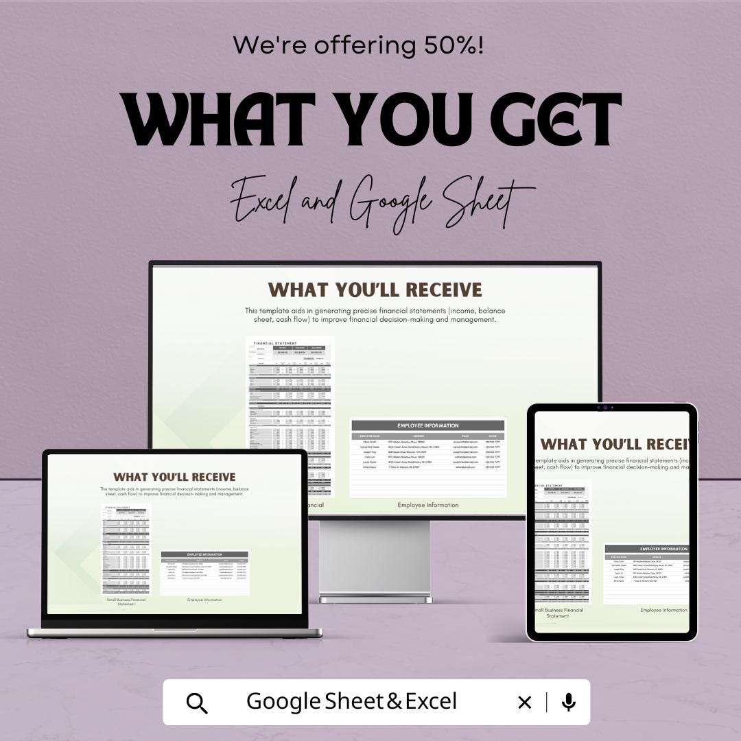 Small Business Financial Statement Template - Income, Expense & Cash Flow - Excel and Google Sheet Template - Financial Management
