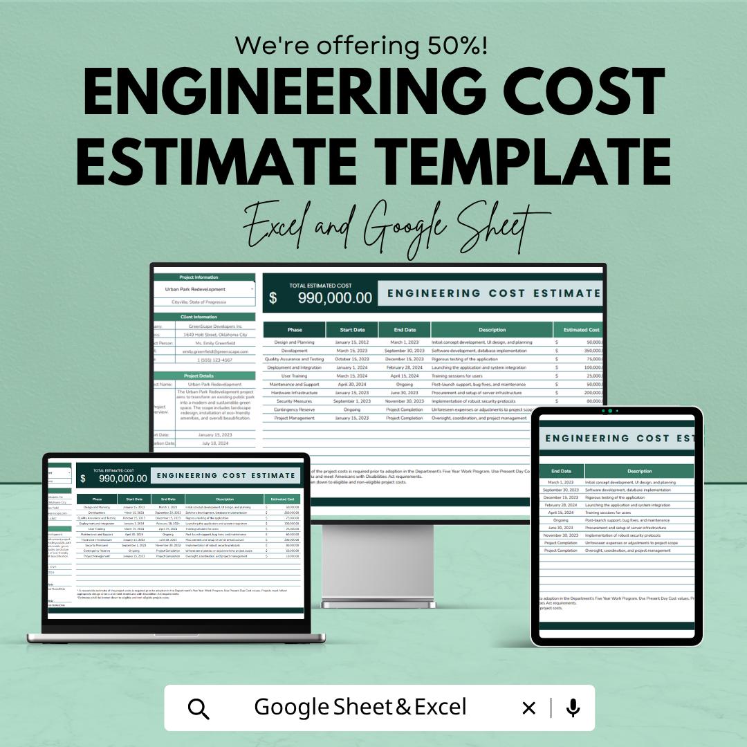 Engineering Cost Estimate Template | Project Cost Spreadsheet | Construction Budget Template | Excel & Google Sheets |